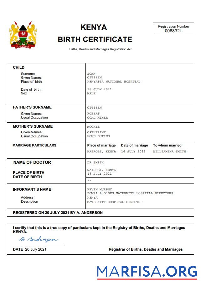 Downloadable Kenya vital record birth certificate Word and PDF template